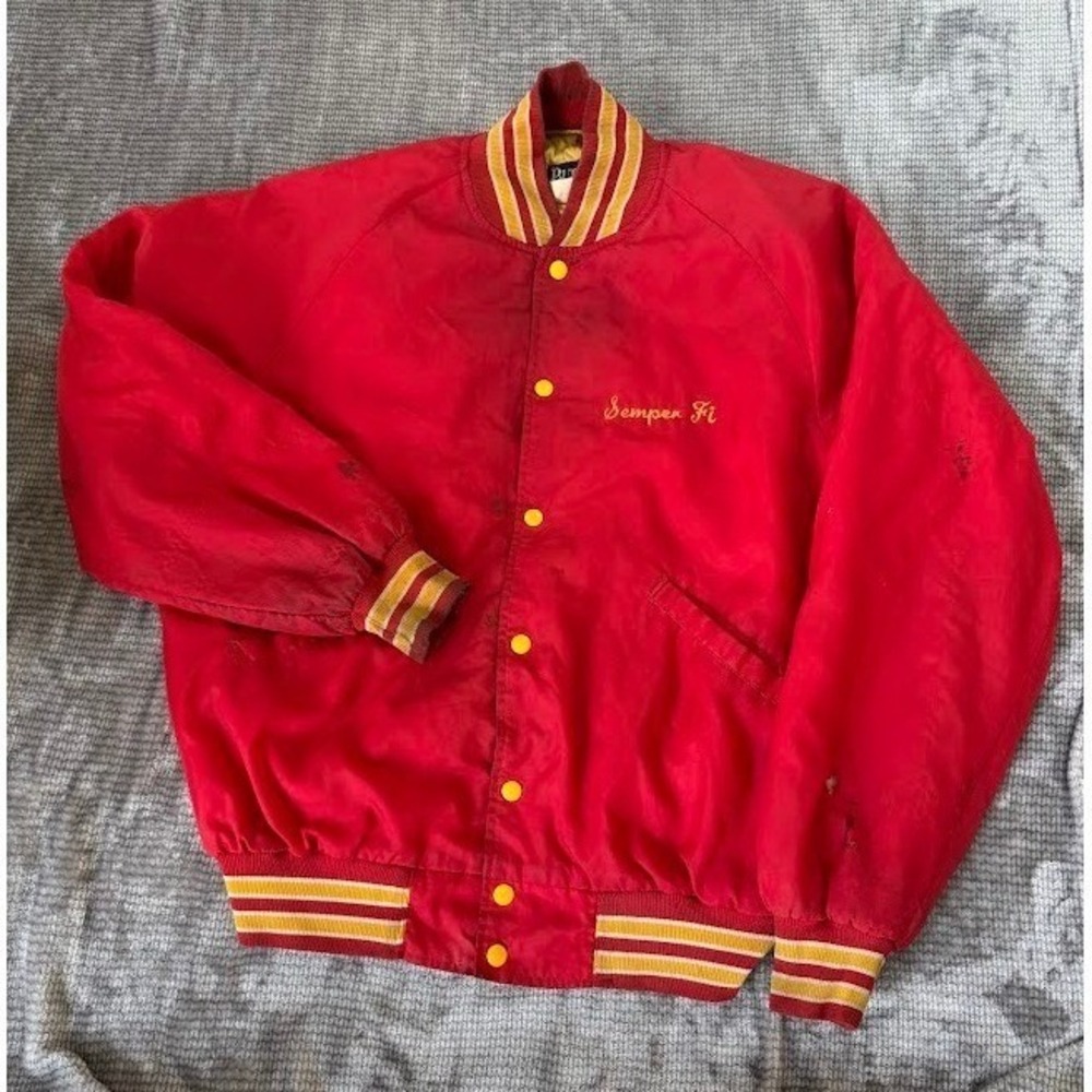 Vintage USMC Cornell Marines Semper Fi Jacket Red Satin Varsity Distressed Mens